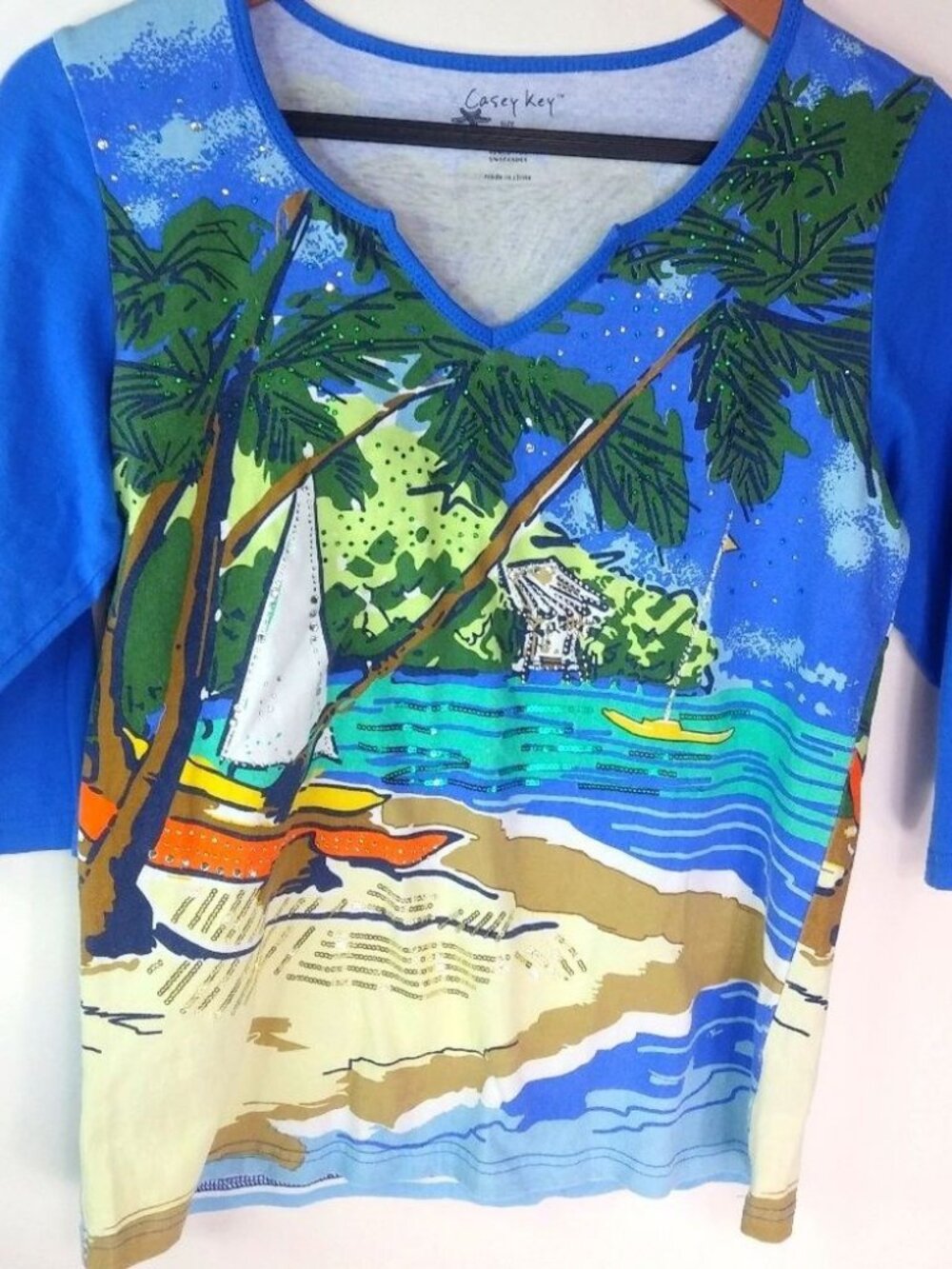 Casey Key SP Blue Beach Scene Stretch Top Petite
